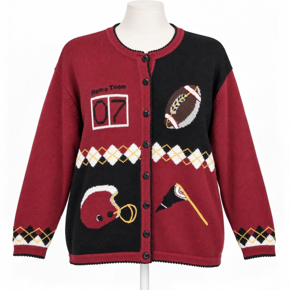 Vintage 90s Football Embroidered Button Cardigan Size XL Teacher Cottage Novelty